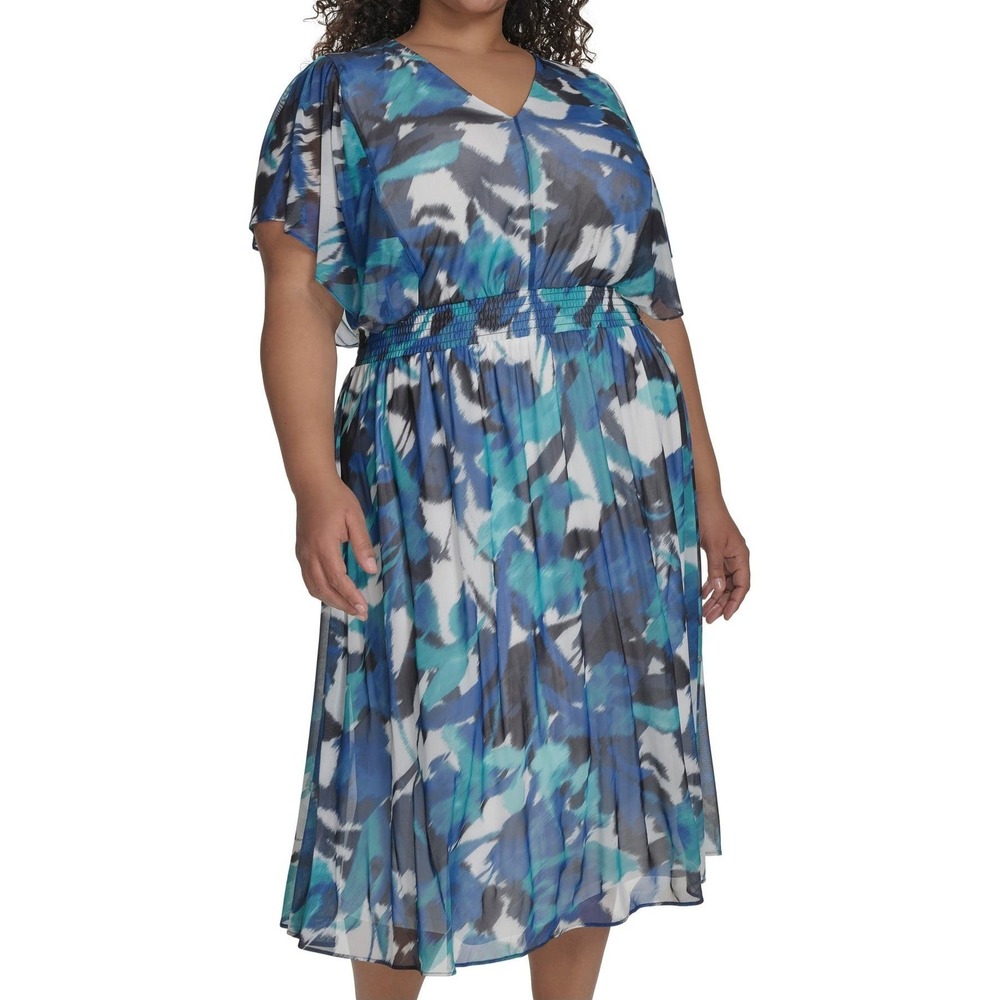 DKNY V Neck Smocked Waist Flutter Sleeve Midi Dress Womens Size 20W NWT
